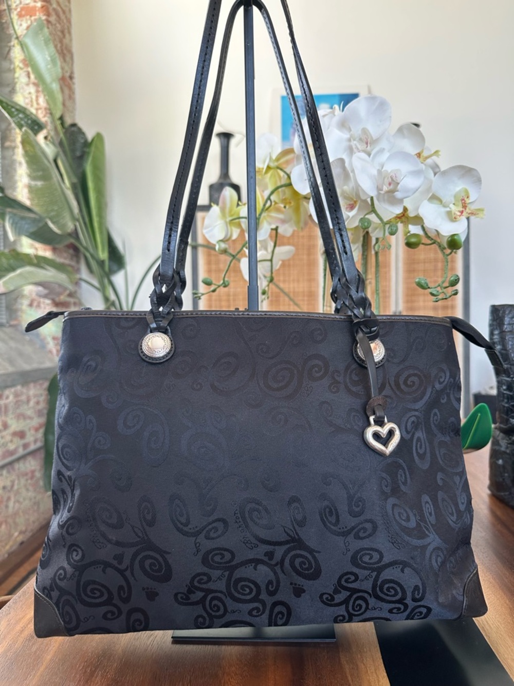 Brighton Blk Jacquard Scroll Tote Bag Leather Trim Heart Charm Shoulder Handbag